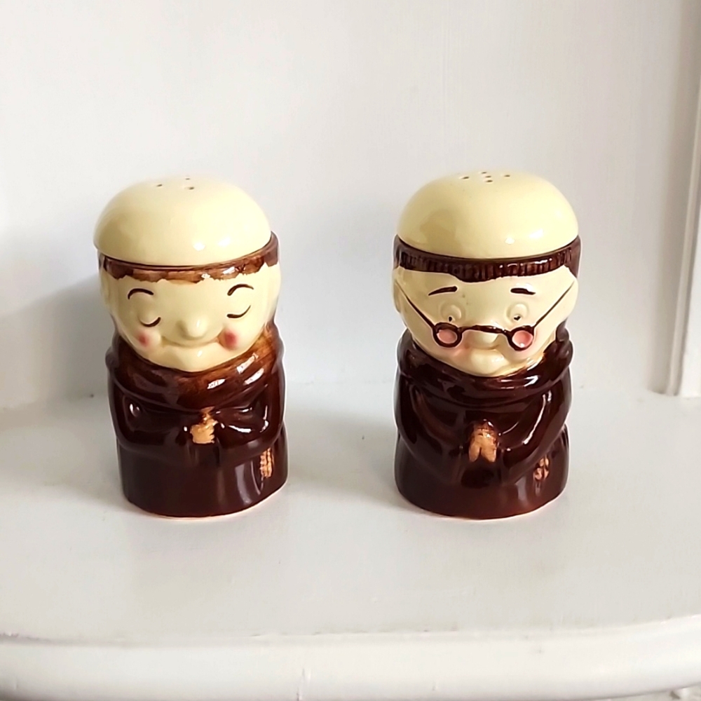 Cute Friar Chucky egg cups, also salt & pepper Weiss Monk